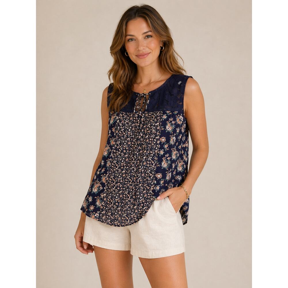 Knox Rose Navy Floral Print Sleeveless Summer Coastal Beach Vacation Tank Top L